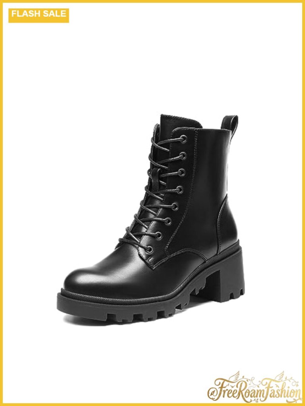 Combat Ankle Boots Faux Leather Lace Up Side Zip Lug Sole